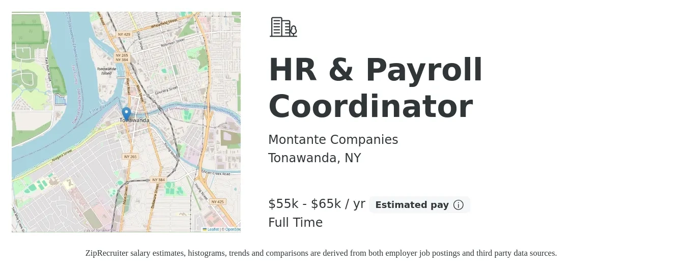 Montante Companies job posting for a HR & Payroll Coordinator in Tonawanda, NY with a salary of $55,000 to $65,000 Yearly with a map of Tonawanda location.
