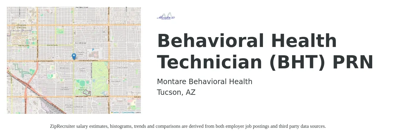 Montare Behavioral Health job posting for a Behavioral Health Technician (BHT) PRN in Tucson, AZ with a salary of $16 to $19 Hourly with a map of Tucson location.