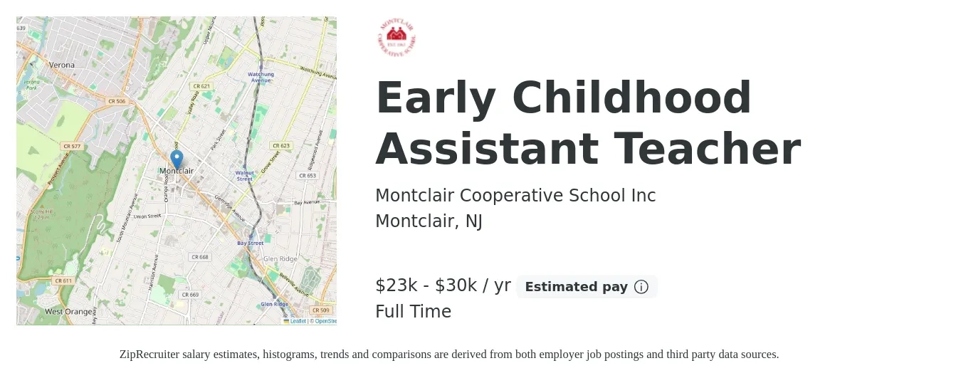 Montclair Cooperative School Inc job posting for a Early Childhood Assistant Teacher in Montclair, NJ with a salary of $23,000 to $30,000 Yearly with a map of Montclair location.