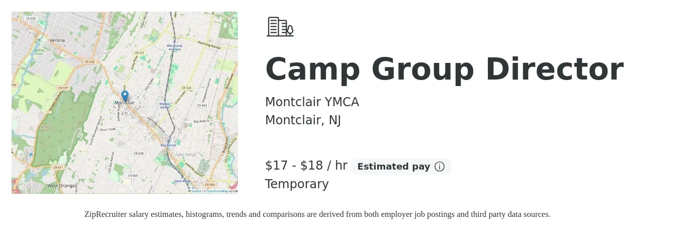 Montclair YMCA job posting for a Camp Group Director in Montclair, NJ with a salary of $18 to $19 Hourly with a map of Montclair location.