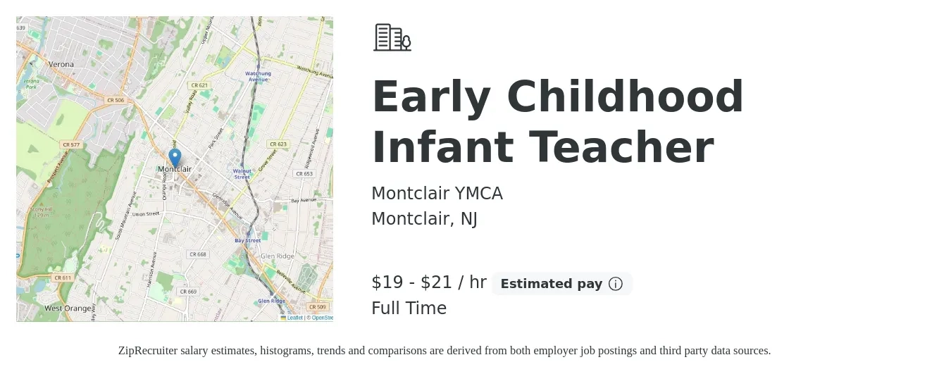 Montclair YMCA job posting for a Early Childhood Infant Teacher in Montclair, NJ with a salary of $20 to $22 Hourly with a map of Montclair location.
