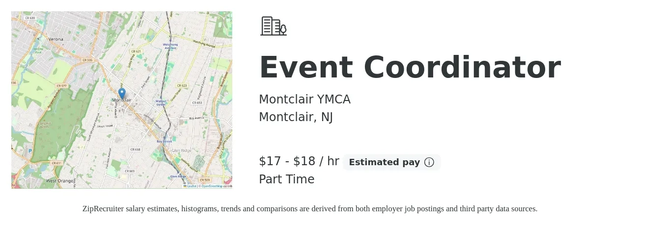 Montclair YMCA job posting for a Event Coordinator in Montclair, NJ with a salary of $18 to $20 Hourly with a map of Montclair location.