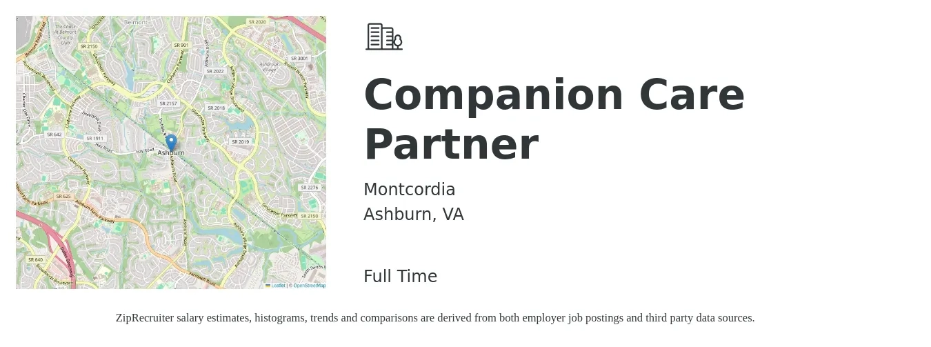 Montcordia job posting for a Companion Care Partner in Ashburn, VA with a salary of $15 to $16 Hourly with a map of Ashburn location.