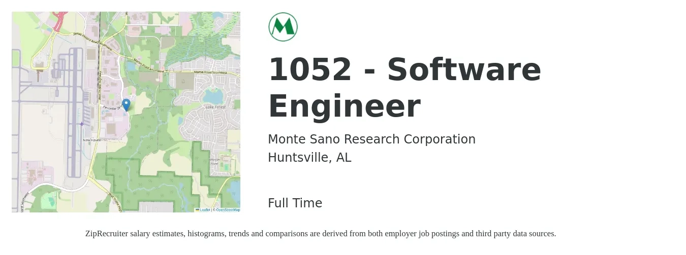 Monte Sano Research Corporation job posting for a 1052 - Software Engineer in Huntsville, AL with a salary of $110,200 to $158,800 Yearly with a map of Huntsville location.