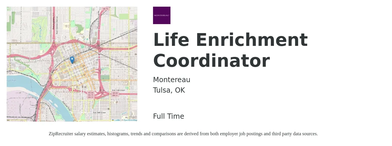 Montereau job posting for a Life Enrichment Coordinator in Tulsa, OK with a map of Tulsa location.