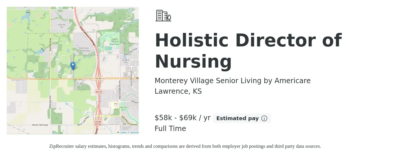 Monterey Village Senior Living by Americare job posting for a Holistic Director of Nursing in Lawrence, KS with a salary of $58,240 to $69,000 Yearly with a map of Lawrence location.