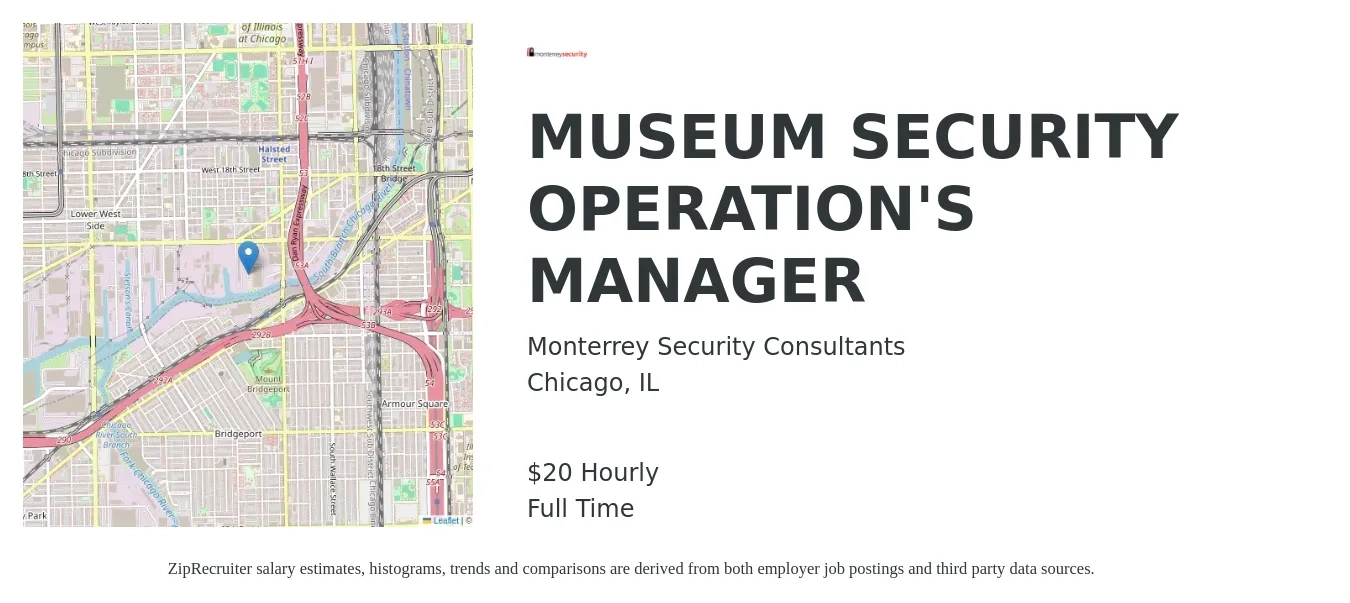 Monterrey Security Consultants job posting for a MUSEUM SECURITY OPERATION'S MANAGER in Chicago, IL with a salary of $21 Hourly with a map of Chicago location.