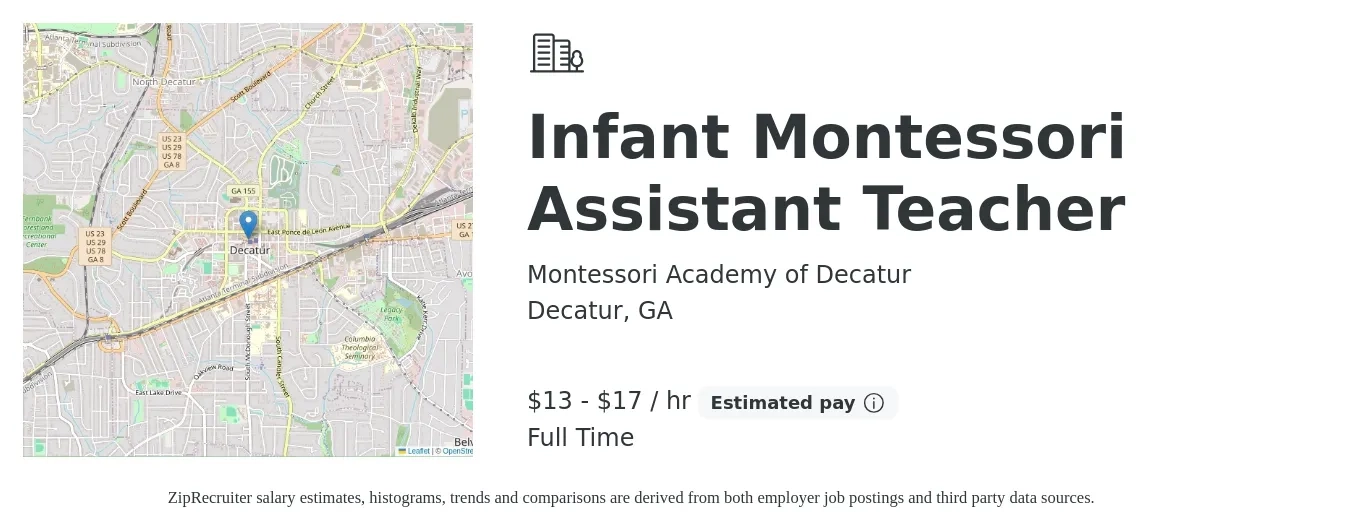 Montessori Academy of Decatur job posting for a Infant Montessori Assistant Teacher in Decatur, GA with a salary of $14 to $18 Hourly with a map of Decatur location.