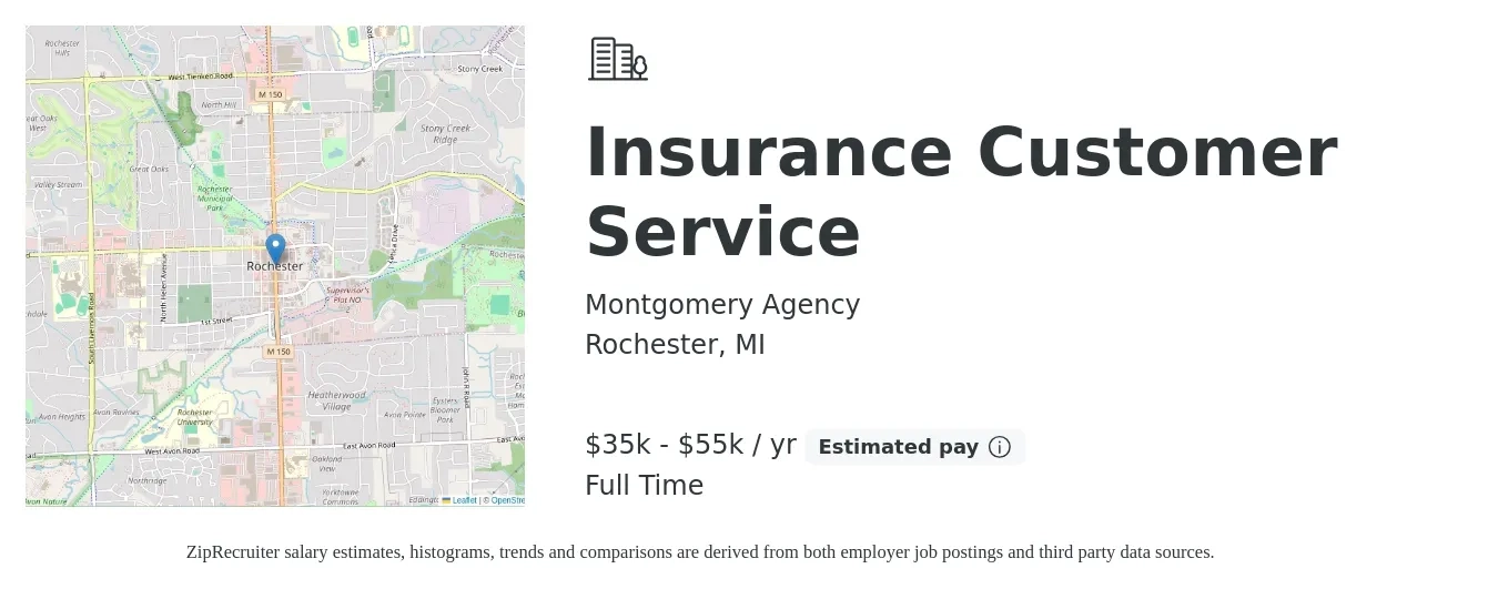 Montgomery Agency job posting for a Insurance Customer Service in Rochester, MI with a salary of $35,000 to $55,000 Yearly with a map of Rochester location.