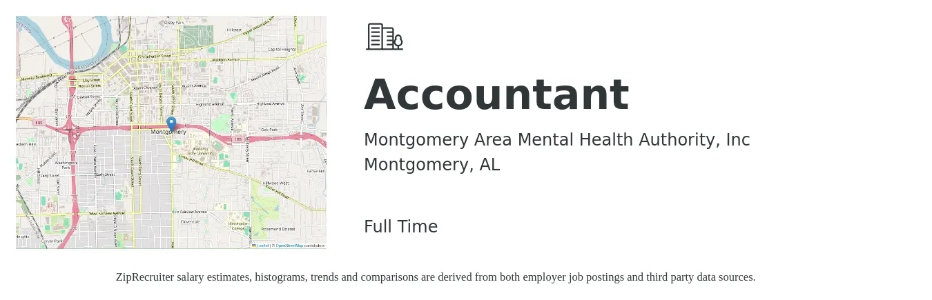 Montgomery Area Mental Health Authority, Inc job posting for a Accountant in Montgomery, AL with a salary of $52,900 to $77,700 Yearly with a map of Montgomery location.