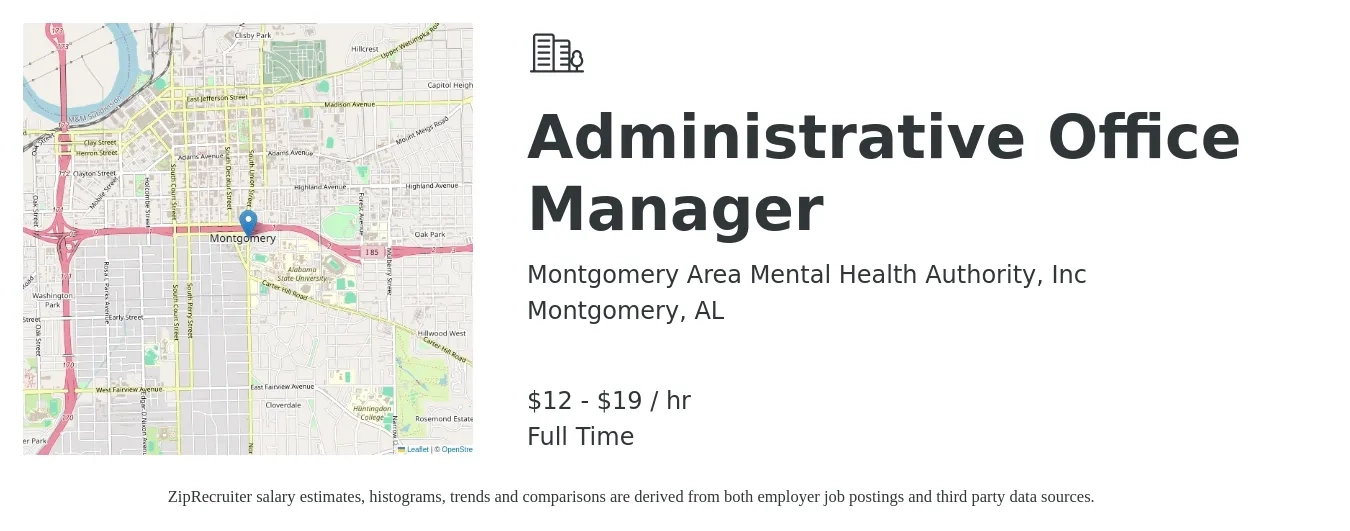 Montgomery Area Mental Health Authority, Inc job posting for a Administrative Office Manager in Montgomery, AL with a salary of $13 to $20 Hourly with a map of Montgomery location.