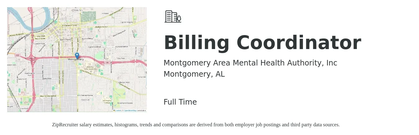 Montgomery Area Mental Health Authority, Inc job posting for a Billing Coordinator in Montgomery, AL with a salary of $20 to $32 Hourly with a map of Montgomery location.