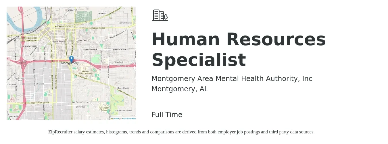 Montgomery Area Mental Health Authority, Inc job posting for a Human Resources Specialist in Montgomery, AL with a salary of $46,500 to $97,400 Yearly with a map of Montgomery location.