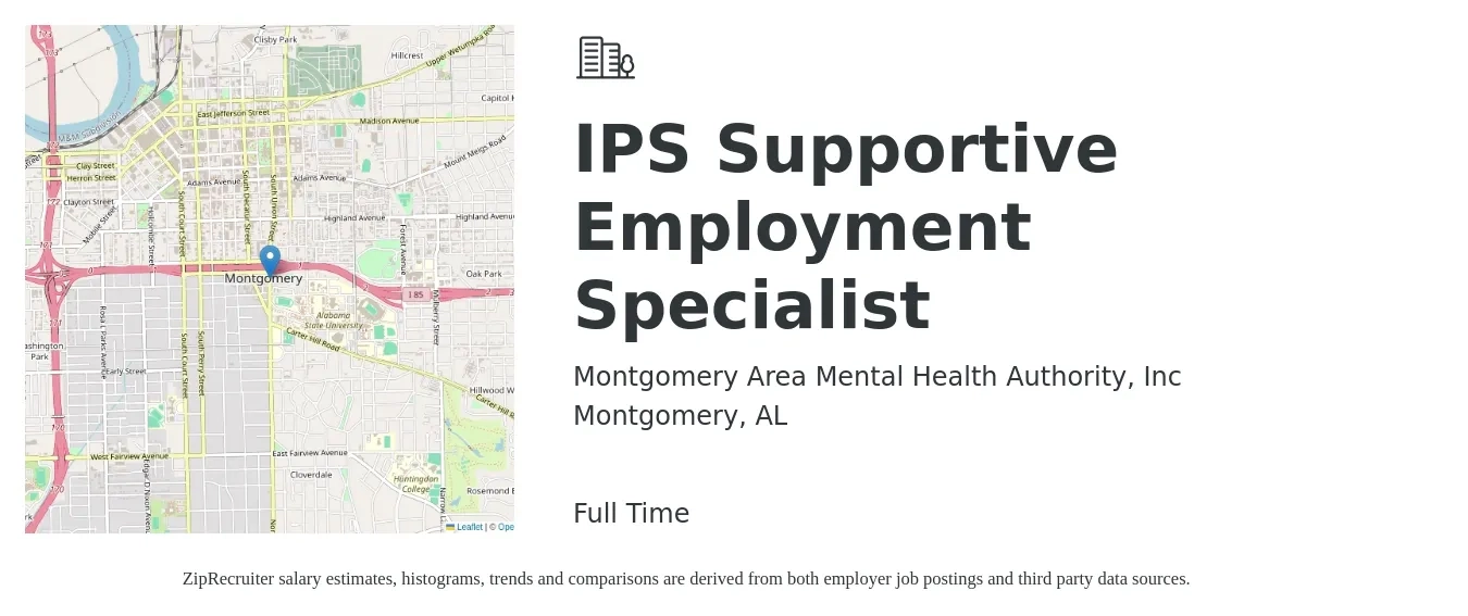 Montgomery Area Mental Health Authority, Inc job posting for a IPS Supportive Employment Specialist in Montgomery, AL with a salary of $41,500 to $78,600 Yearly with a map of Montgomery location.