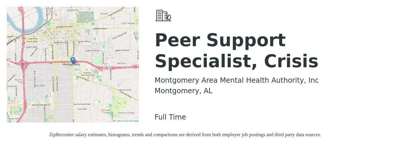 Montgomery Area Mental Health Authority, Inc job posting for a Peer Support Specialist, Crisis in Montgomery, AL with a salary of $17 to $22 Hourly with a map of Montgomery location.