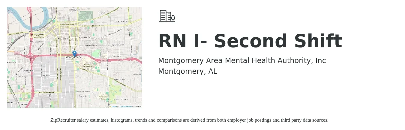 Montgomery Area Mental Health Authority, Inc job posting for a RN I- Second Shift in Montgomery, AL with a salary of $32 to $52 Hourly with a map of Montgomery location.