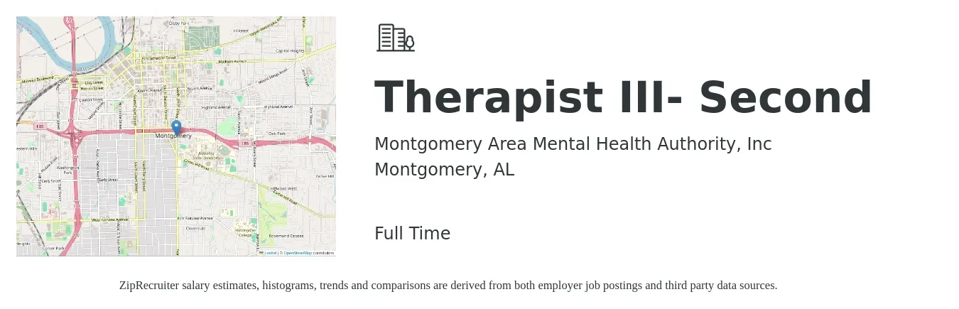 Montgomery Area Mental Health Authority, Inc job posting for a Therapist III- Second in Montgomery, AL with a salary of $51,400 to $71,200 Yearly with a map of Montgomery location.