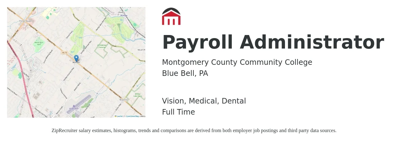 Montgomery County Community College job posting for a Payroll Administrator in Blue Bell, PA with a salary of $24 to $32 Hourly and benefits including dental, life_insurance, medical, retirement, and vision with a map of Blue Bell location.