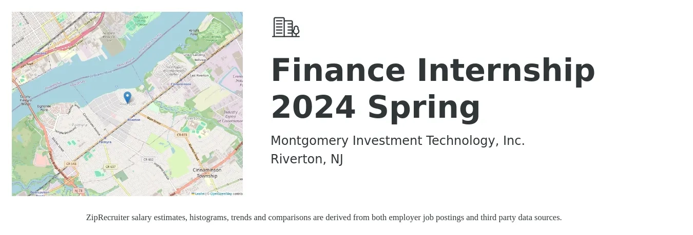 Montgomery Investment Technology, Inc. job posting for a Finance Internship 2024 Spring in Riverton, NJ with a salary of $17 to $22 Hourly with a map of Riverton location.