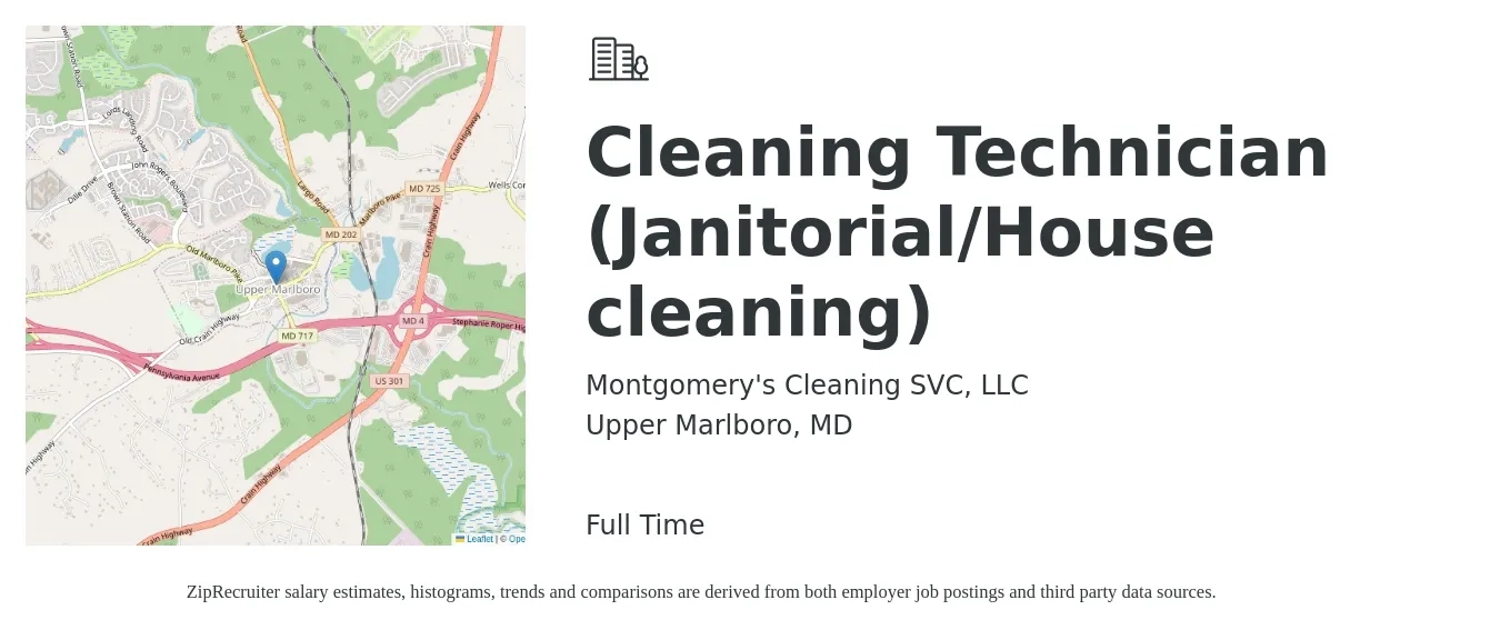 Montgomery's Cleaning SVC, LLC job posting for a Cleaning Technician (Janitorial/House cleaning) in Upper Marlboro, MD with a salary of $720 Weekly with a map of Upper Marlboro location.