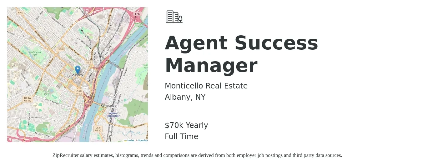 Monticello Real Estate job posting for a Agent Success Manager in Albany, NY with a salary of $70,000 Yearly with a map of Albany location.