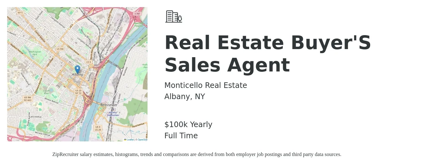 Monticello Real Estate job posting for a Real Estate Buyer'S Sales Agent in Albany, NY with a salary of $100,000 Yearly with a map of Albany location.
