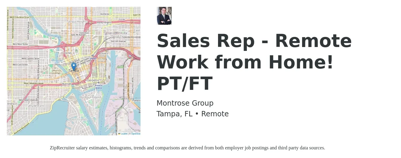 Montrose Group job posting for a Sales Rep - Remote Work from Home! PT/FT in Tampa, FL with a salary of $50,600 to $87,900 Yearly with a map of Tampa location.