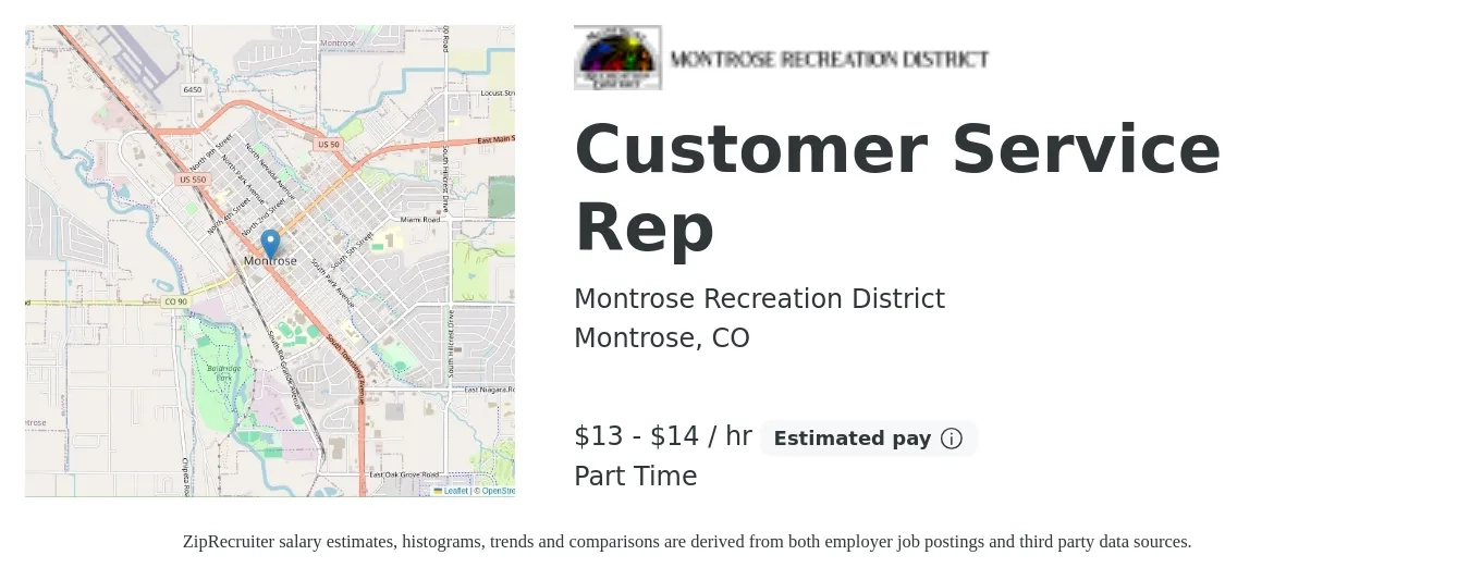 Montrose Recreation District job posting for a Customer Service Rep in Montrose, CO with a salary of $14 to $16 Hourly with a map of Montrose location.
