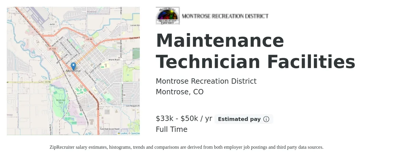 Montrose Recreation District job posting for a Maintenance Technician Facilities in Montrose, CO with a salary of $33,522 to $50,282 Yearly with a map of Montrose location.