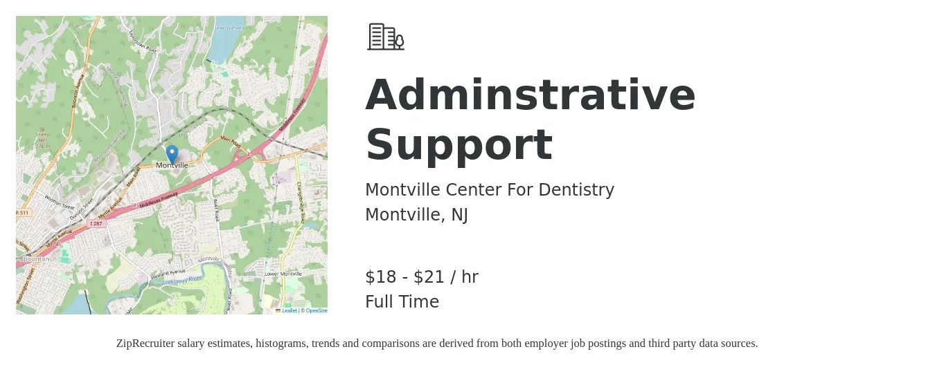 Montville Center For Dentistry job posting for a Adminstrative Support in Montville, NJ with a salary of $19 to $22 Hourly with a map of Montville location.