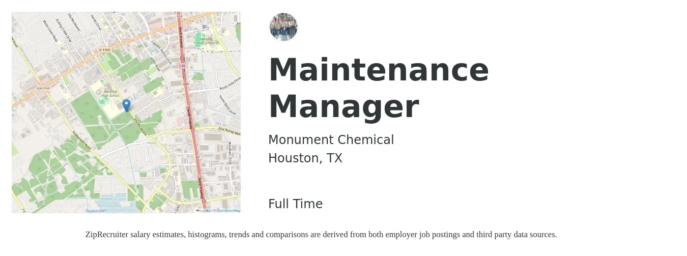 Monument Chemical job posting for a Maintenance Manager in Houston, TX with a salary of $23 to $38 Hourly with a map of Houston location.