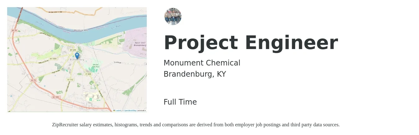 Monument Chemical job posting for a Project Engineer in Brandenburg, KY with a salary of $70,800 to $99,000 Yearly with a map of Brandenburg location.