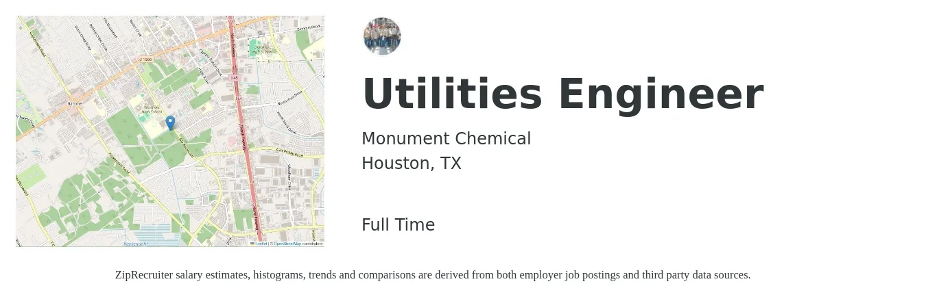 Monument Chemical job posting for a Utilities Engineer in Houston, TX with a salary of $68,200 to $113,100 Yearly with a map of Houston location.
