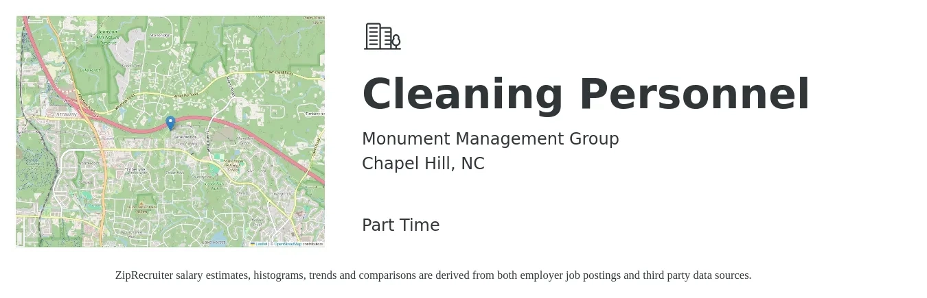 Monument Management Group job posting for a Cleaning Personnel in Chapel Hill, NC with a salary of $300 to $400 Weekly with a map of Chapel Hill location.