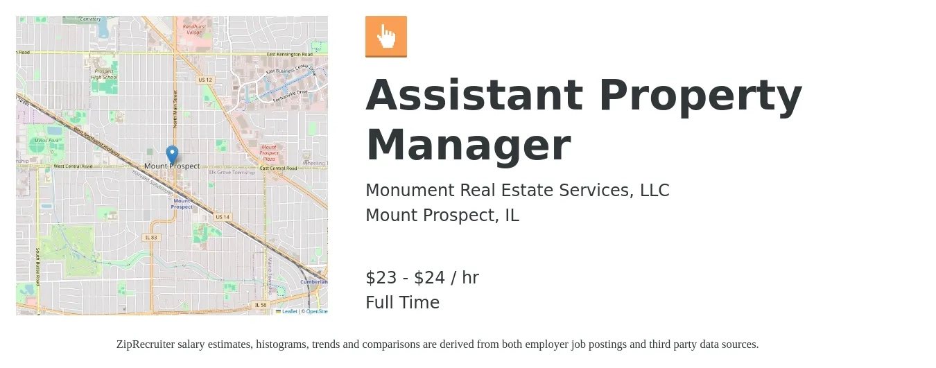 Monument Real Estate Services, LLC job posting for a Assistant Property Manager in Mount Prospect, IL with a salary of $24 to $25 Hourly with a map of Mount Prospect location.