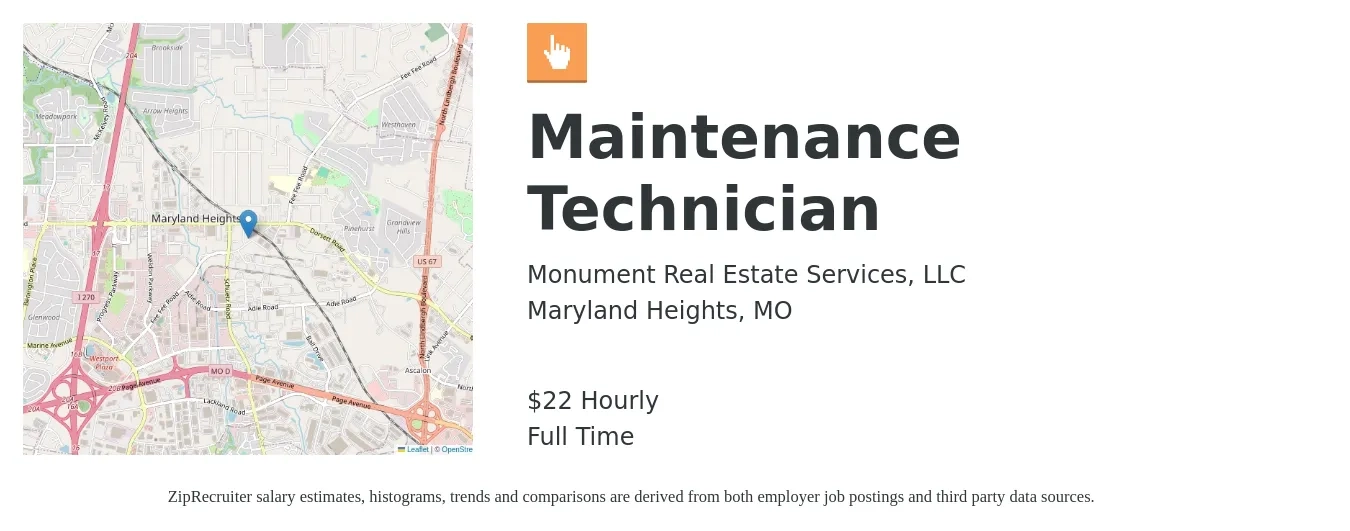 Monument Real Estate Services, LLC job posting for a Maintenance Technician in Maryland Heights, MO with a salary of $23 Hourly with a map of Maryland Heights location.