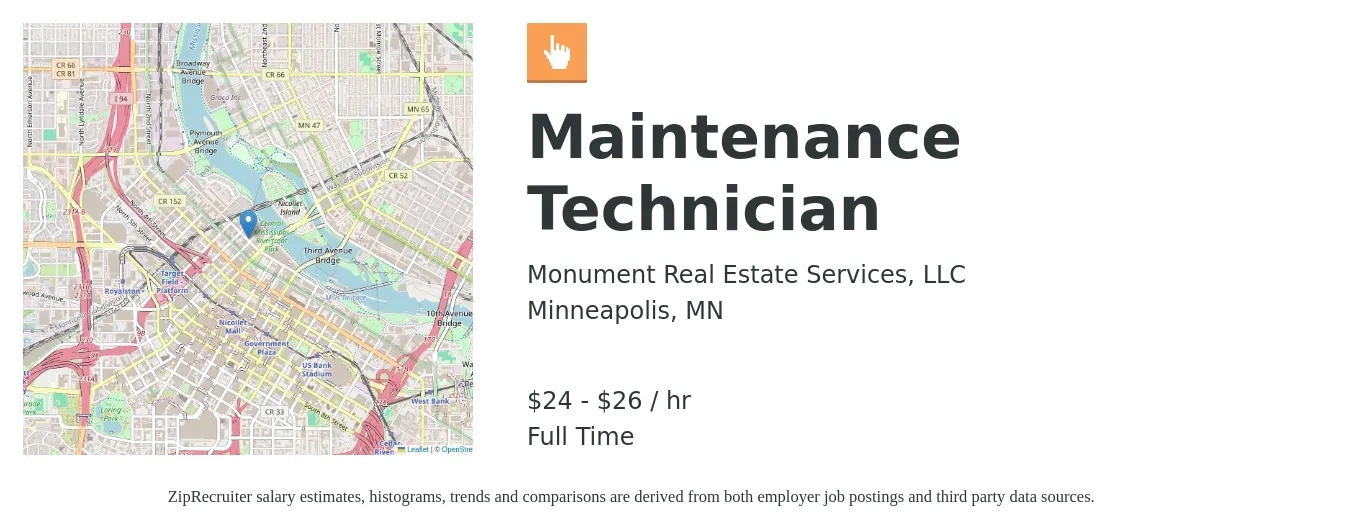 Monument Real Estate Services, LLC job posting for a Maintenance Technician in Minneapolis, MN with a salary of $25 to $28 Hourly with a map of Minneapolis location.