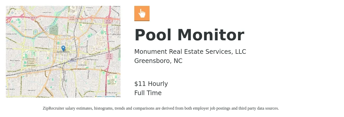Monument Real Estate Services, LLC job posting for a Pool Monitor in Greensboro, NC with a salary of $12 Hourly with a map of Greensboro location.
