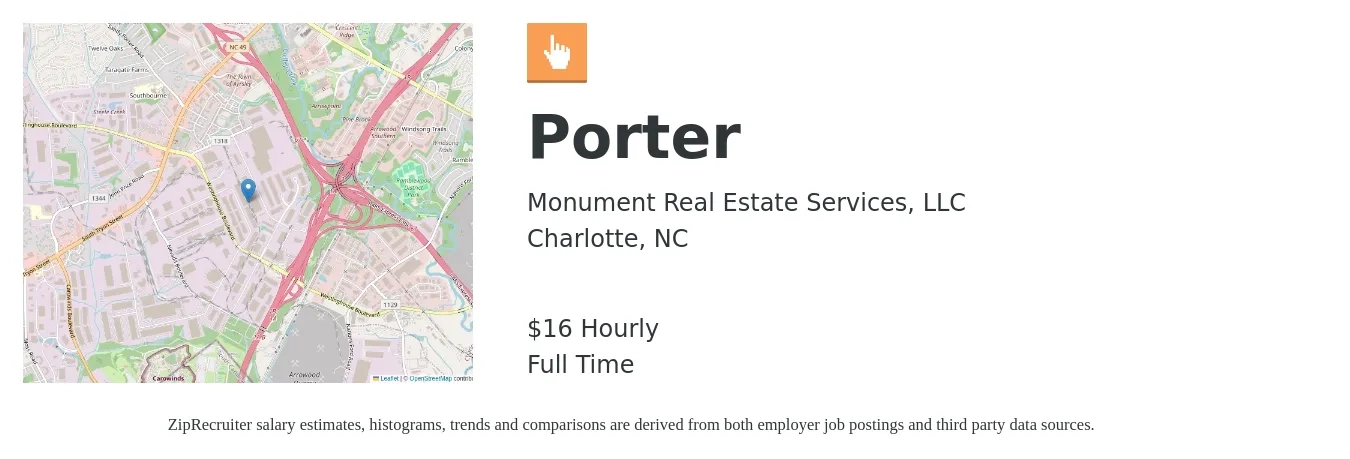 Monument Real Estate Services, LLC job posting for a Porter in Charlotte, NC with a salary of $17 Hourly with a map of Charlotte location.