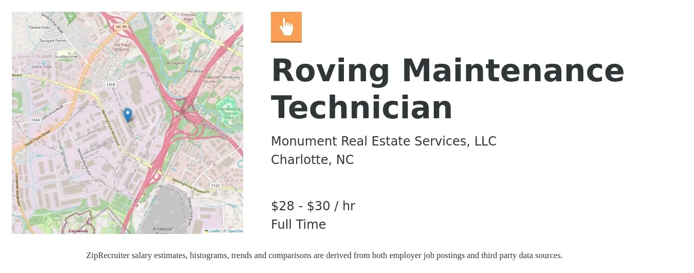 Monument Real Estate Services, LLC job posting for a Roving Maintenance Technician in Charlotte, NC with a salary of $30 to $32 Hourly with a map of Charlotte location.