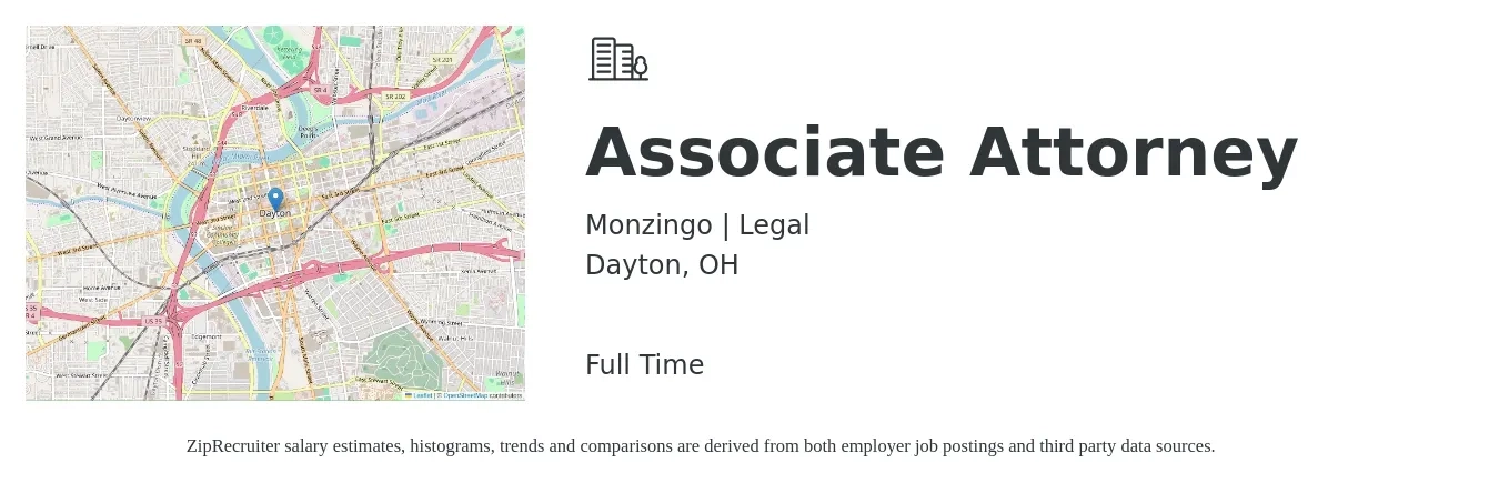 Monzingo | Legal job posting for a Associate Attorney in Dayton, OH with a salary of $77,800 to $126,400 Yearly with a map of Dayton location.