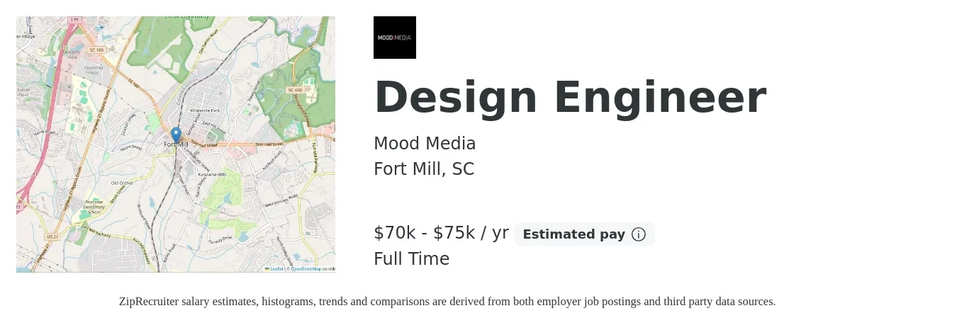 Mood Media job posting for a Design Engineer in Fort Mill, SC with a salary of $70,000 to $75,000 Yearly with a map of Fort Mill location.
