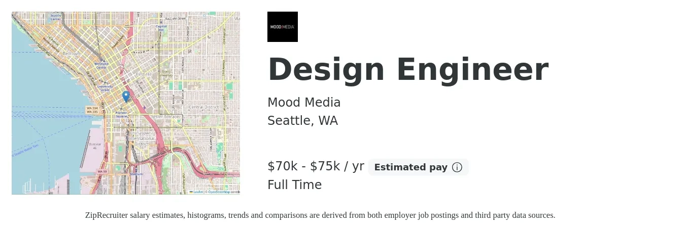 Mood Media job posting for a Design Engineer in Seattle, WA with a salary of $70,000 to $75,000 Yearly with a map of Seattle location.