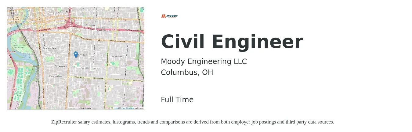 Moody Engineering LLC job posting for a Civil Engineer in Columbus, OH with a salary of $401,000 Yearly with a map of Columbus location.