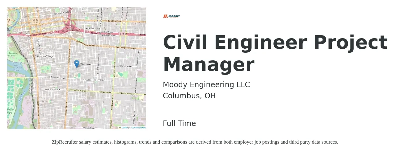 Moody Engineering LLC job posting for a Civil Engineer Project Manager in Columbus, OH with a salary of $401,000 Yearly with a map of Columbus location.