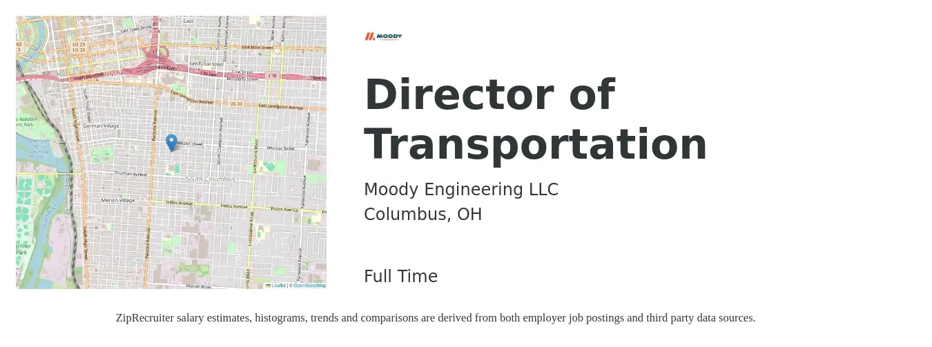 Moody Engineering LLC job posting for a Director of Transportation in Columbus, OH with a salary of $401,000 Yearly with a map of Columbus location.