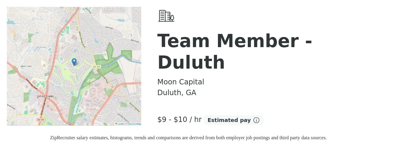 Moon Capital job posting for a Team Member - Duluth in Duluth, GA with a salary of $10 to $11 Hourly with a map of Duluth location.