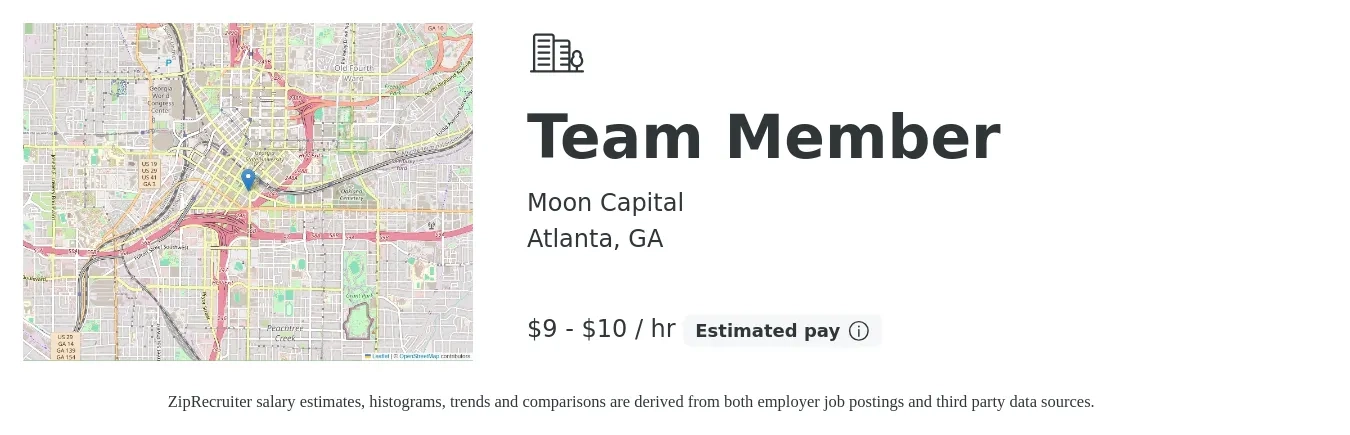 Moon Capital job posting for a Team Member in Atlanta, GA with a salary of $12 to $13 Hourly with a map of Atlanta location.
