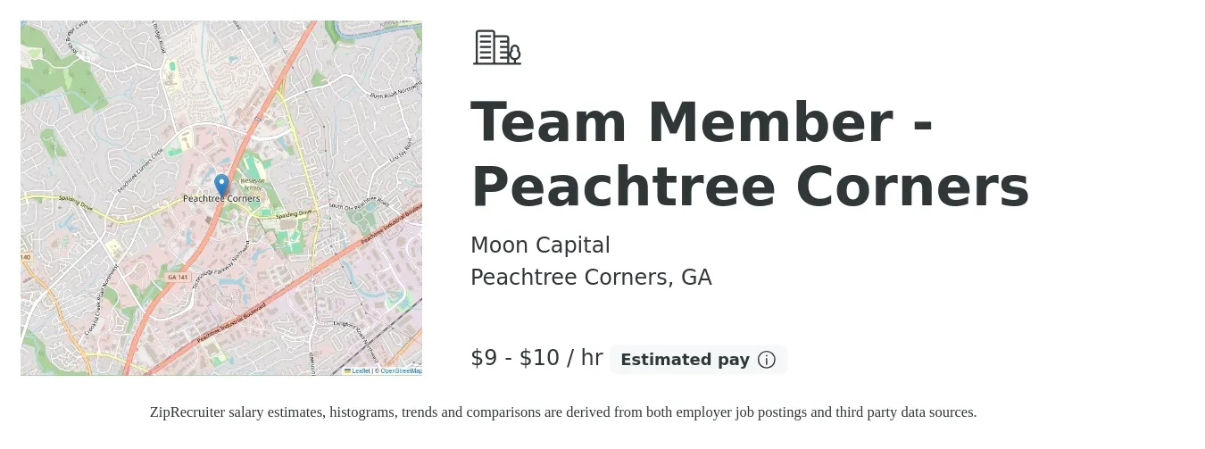 Moon Capital job posting for a Team Member - Peachtree Corners in Peachtree Corners, GA with a salary of $10 to $11 Hourly with a map of Peachtree Corners location.