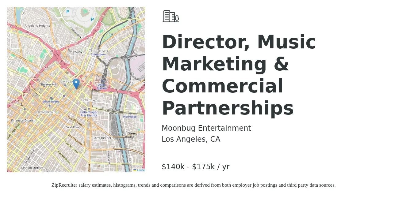 Moonbug Entertainment job posting for a Director, Music Marketing & Commercial Partnerships in Los Angeles, CA with a salary of $140,000 to $175,000 Yearly with a map of Los Angeles location.